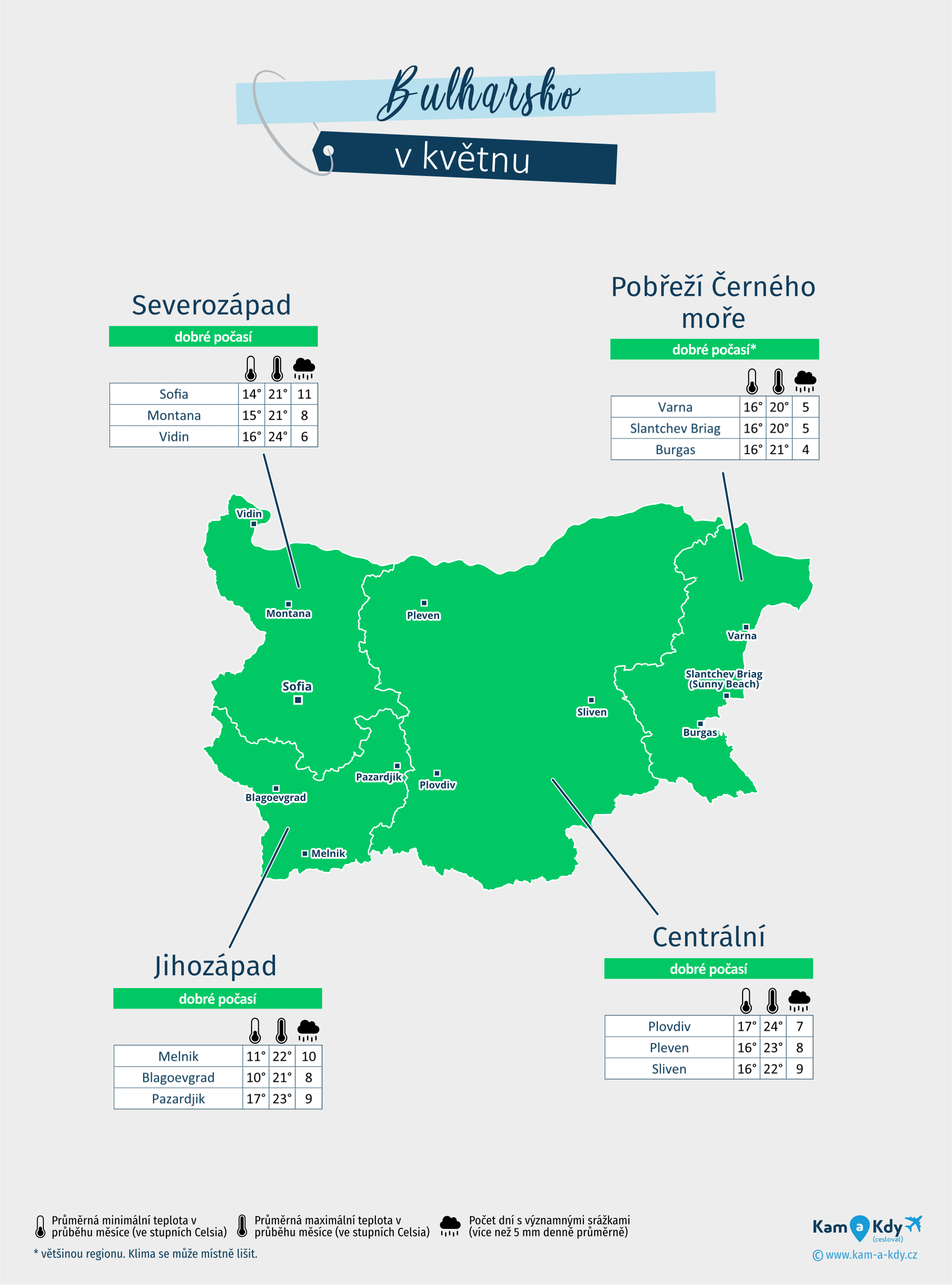 Bulharsko: mapa počasí v květnu v různých regionech